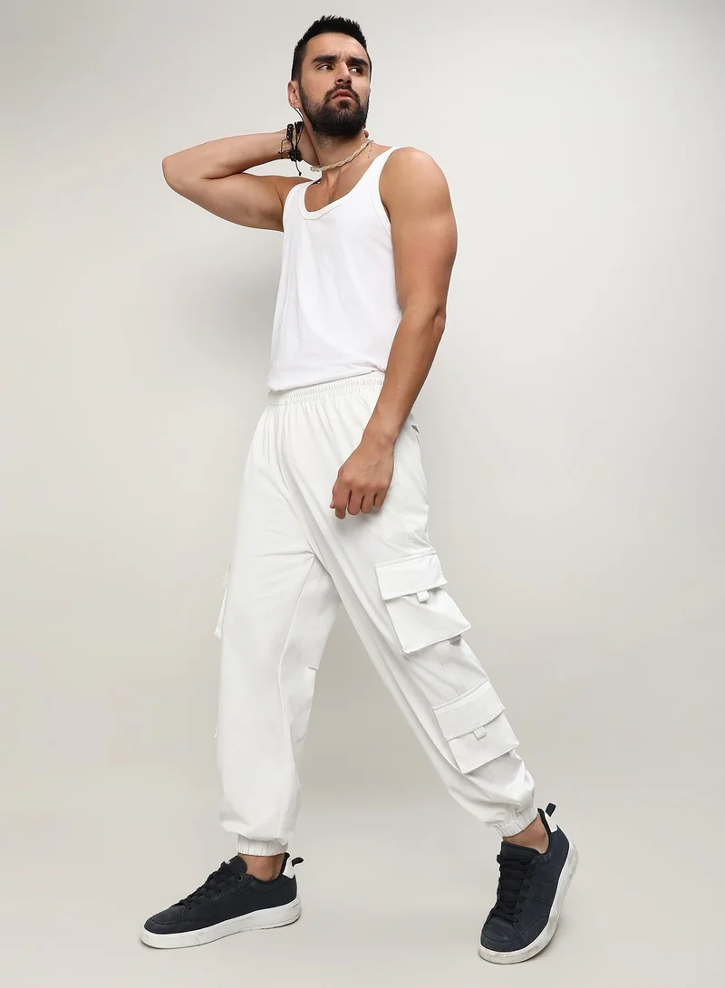 CAHOOT  Men's Egg White Cuffed Hem Cargo Trousers For Casual Wear | 8 Pockets | Relaxed Fit | Button Closure | Cargo Pants Crafted With Comfort Fit For Everyday Wear for Men | Best Price UAE
